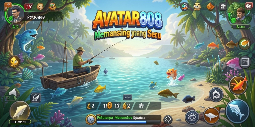 Tampilan gameplay AVATAR808 yang penuh warna saat memancing.