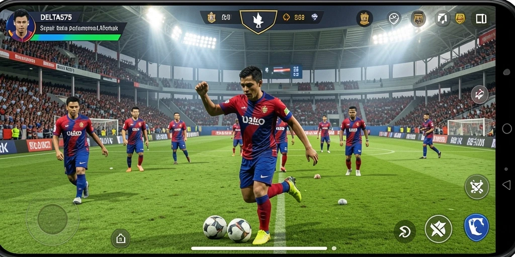 Tampilan gameplay DELTA575 yang mengesankan dengan aksi sepak bola yang dinamis.