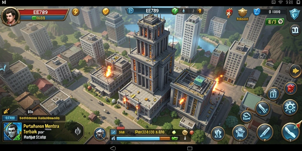 Screenshot gameplay EE789 menampilkan pertarungan menara melawan gelombang musuh.