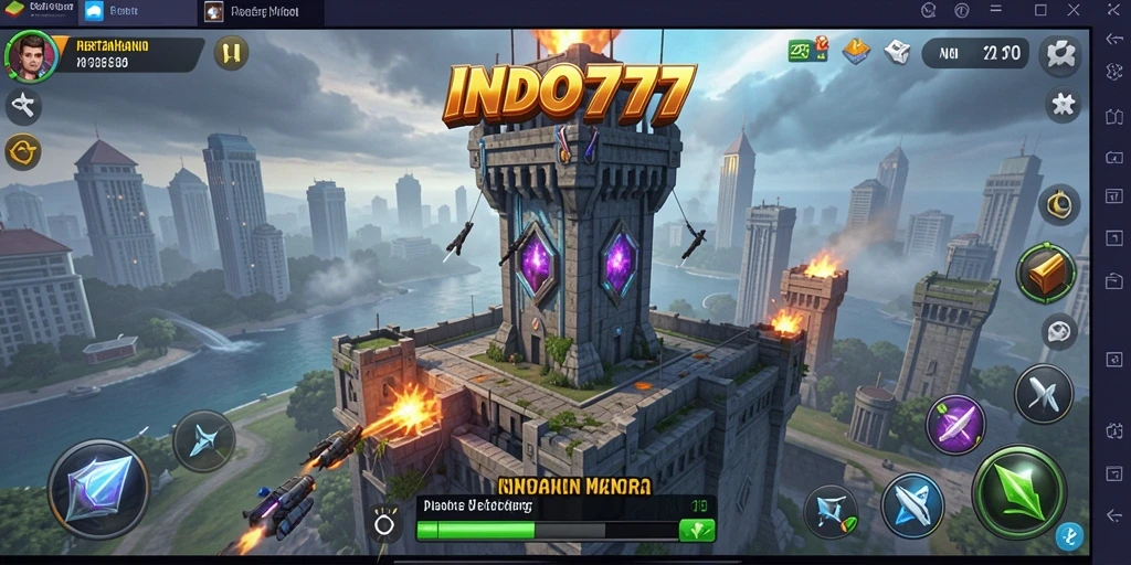 Screenshot gameplay INDO777 menunjukkan berbagai menara dalam aksi pertahanan Tower Defense.