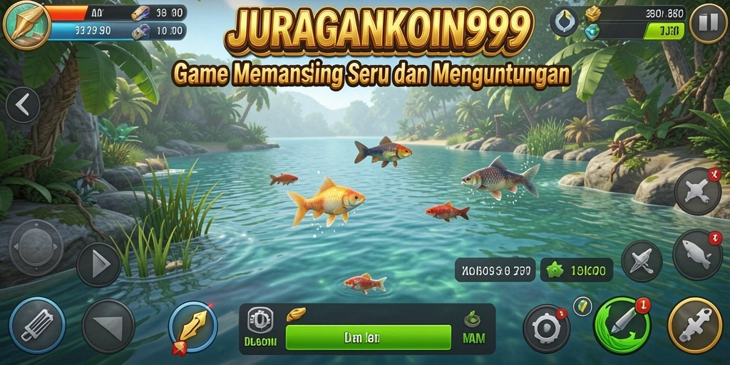 Screenshot gameplay JURAGANKOIN99 menampilkan keseruan memancing di berbagai lokasi.