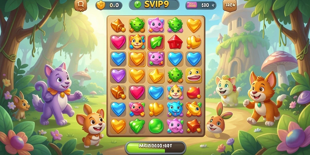 Tampilan gameplay SVIP9 dengan permata berwarna-warni yang menyenangkan.